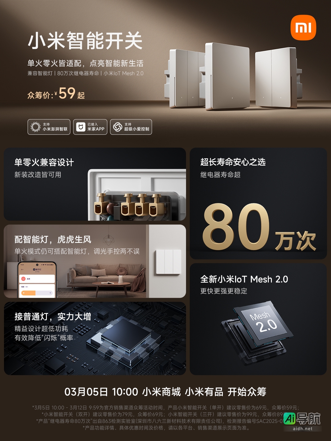 小米推出智能开关新品,单零火线均可兼容,继电器寿命高达80万次,众筹价仅59元起。